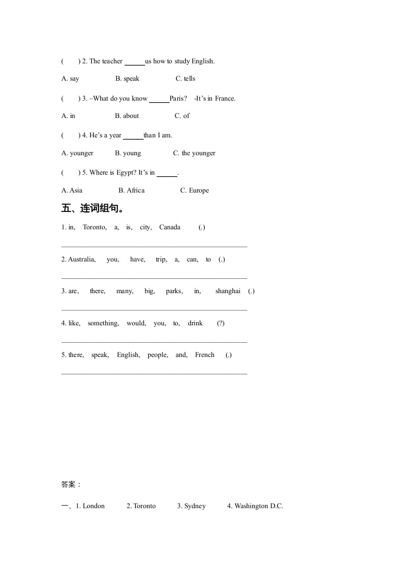 图片[2]-六年级英语上册Unit2AroundtheWorldLesson1同步练习3（人教版一起点）-云锋学科网