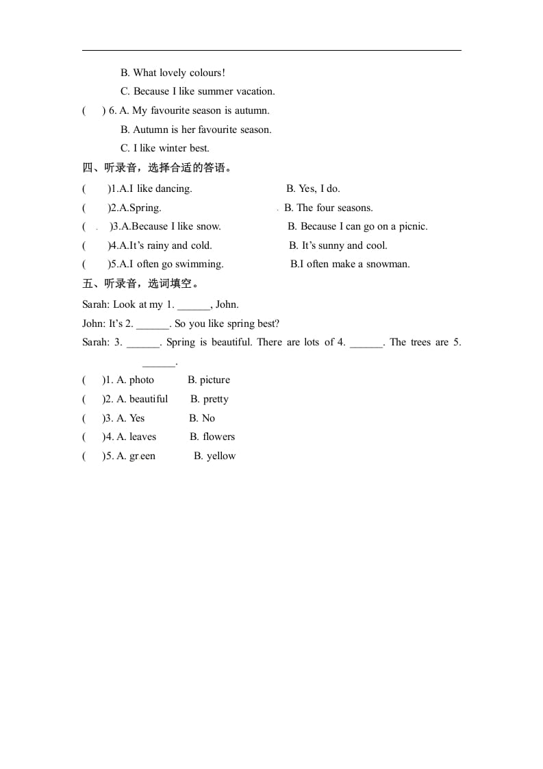 图片[2]-五年级数学下册英语同步听力训练-Unit2MyfavouriteseasonPartB人教PEP版-云锋学科网