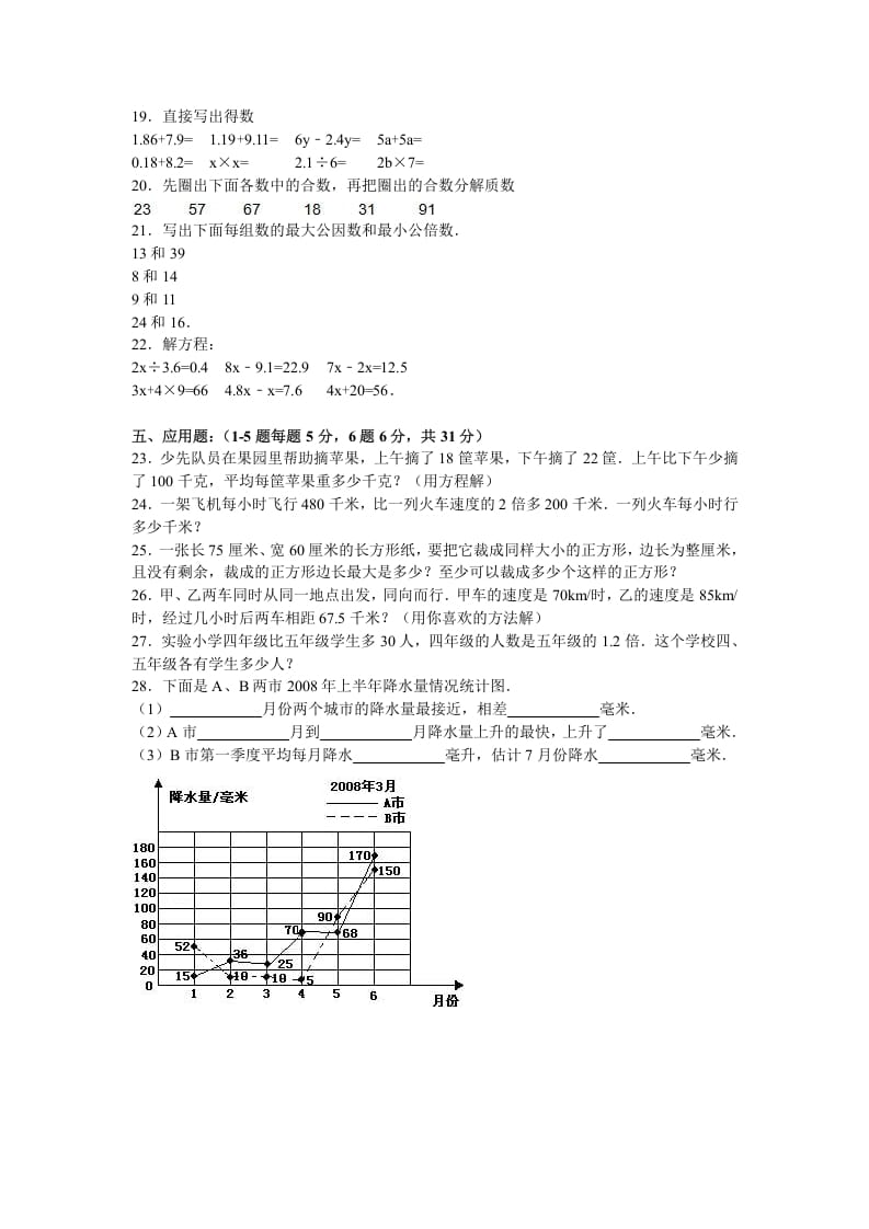 图片[2]-五年级数学下册苏教版下学期期中测试卷10-云锋学科网