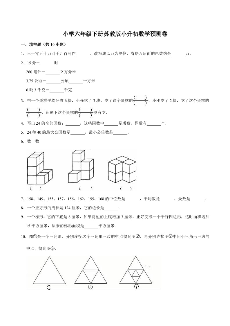 六年级数学下册小升初模拟试题（31）苏教版（含解析）-云锋学科网