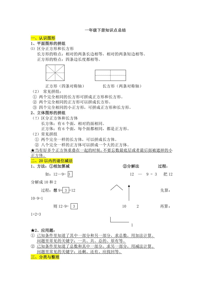 一年级数学下册知识点总结-云锋学科网