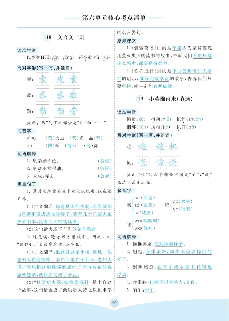 四年级语文下册第六单元核心考点清单-云锋学科网