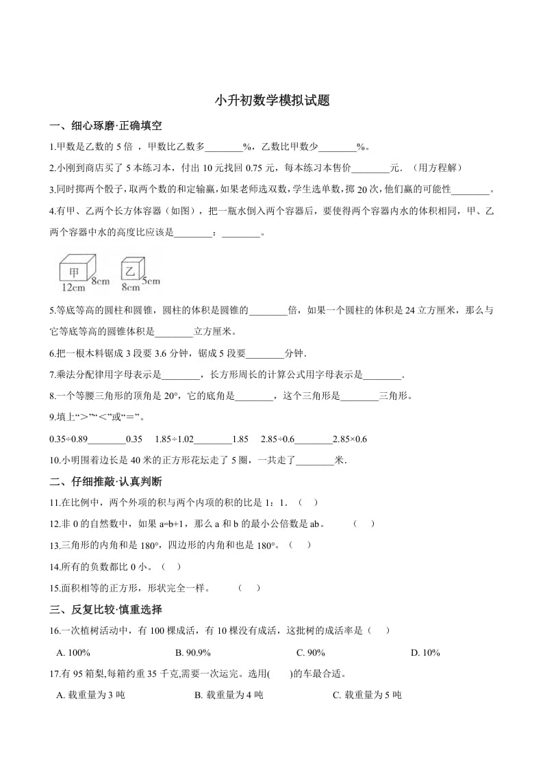 六年级数学下册小升初模拟试题（25）苏教版（含解析）-云锋学科网