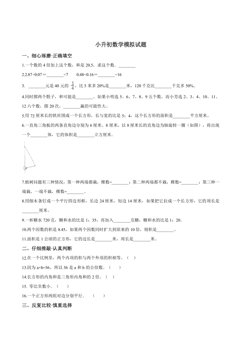 六年级数学下册小升初模拟试题（19）苏教版（含解析）-云锋学科网