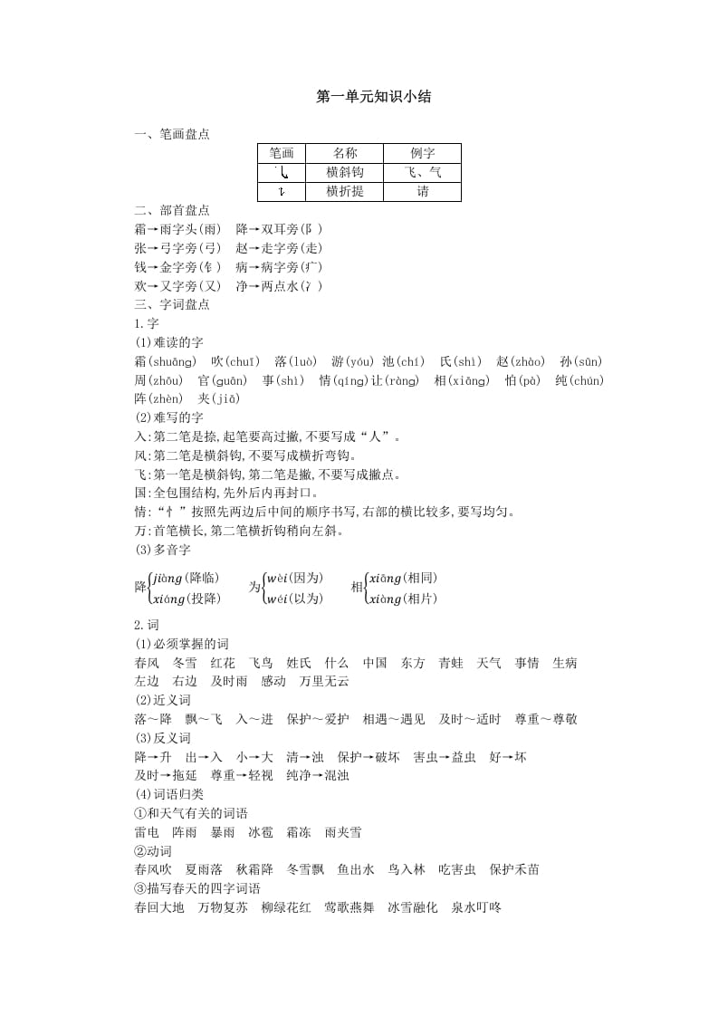 一年级语文下册第一单元知识小结-云锋学科网