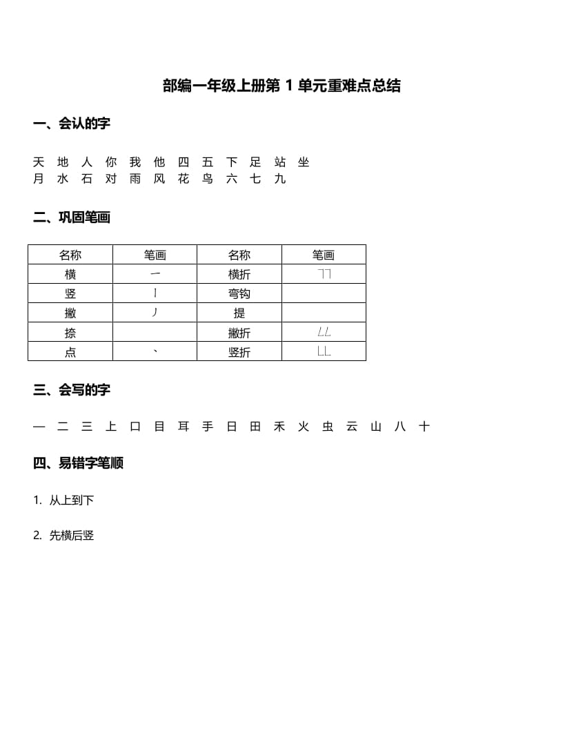 一年级语文上册-第1单元重难点知识总结（部编版）-云锋学科网