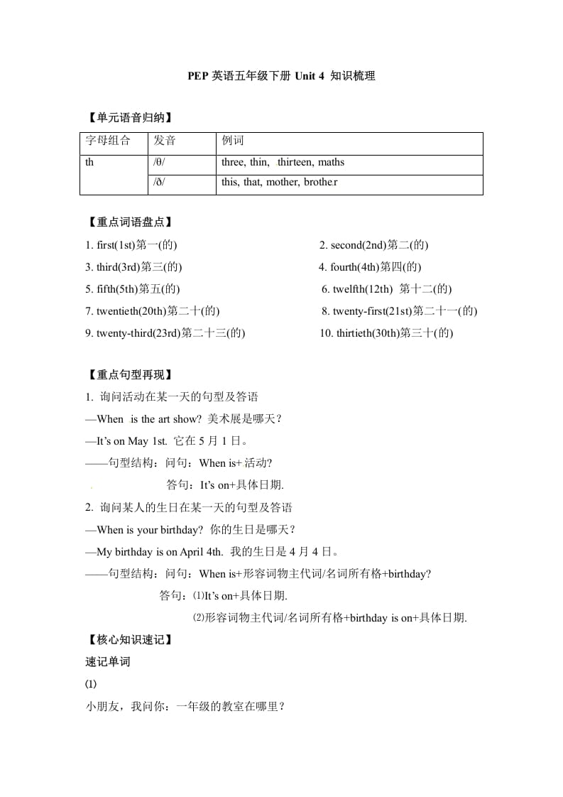 五年级数学下册英语单元知识梳理-Unit4Whenistheartshow人教PEP-云锋学科网