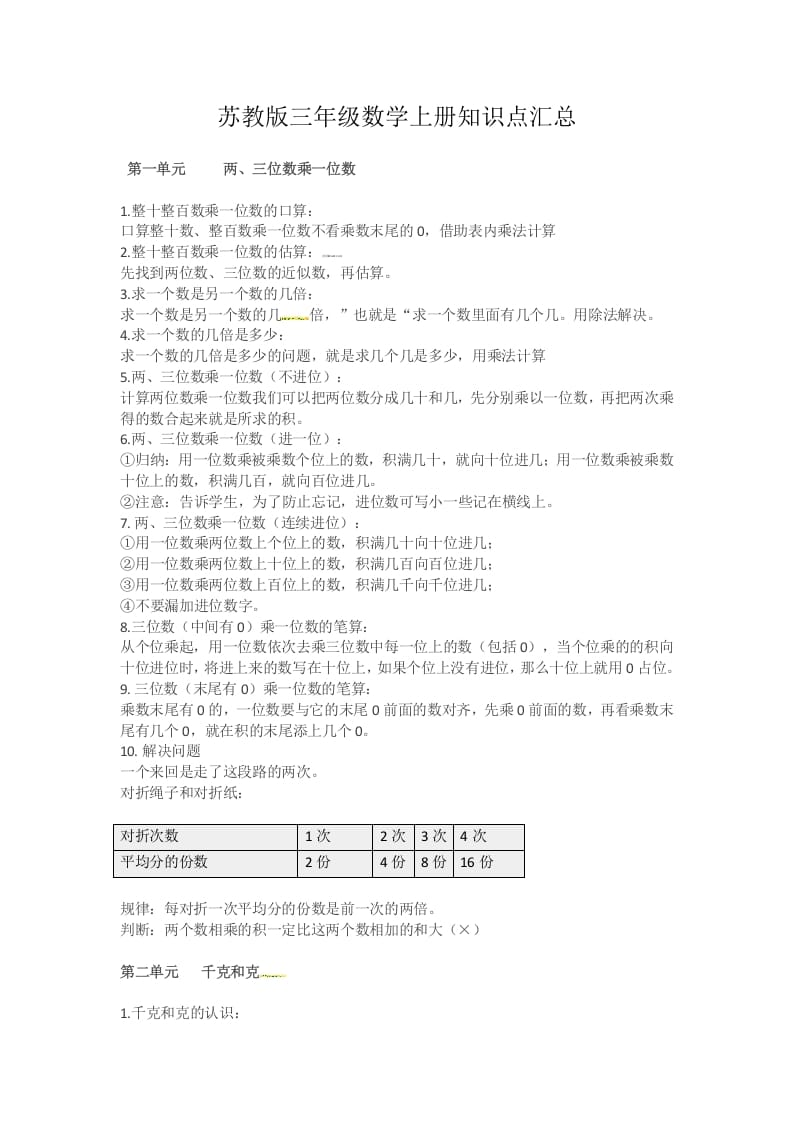 三年级数学上册知识点汇总（苏教版）-云锋学科网