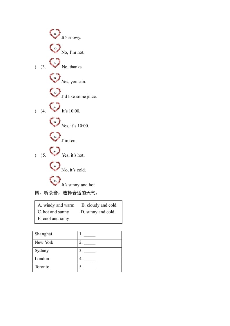 图片[2]-四年级英语下册Unit3WeatherPartB同步听力训练人教PEP版-云锋学科网