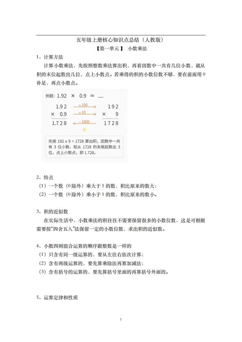 五年级数学上册-核心知识点总结（人教版）-云锋学科网