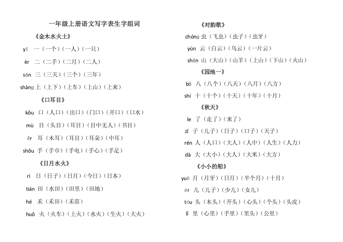 一年级语文上册上写字表生字组词（部编版）-云锋学科网