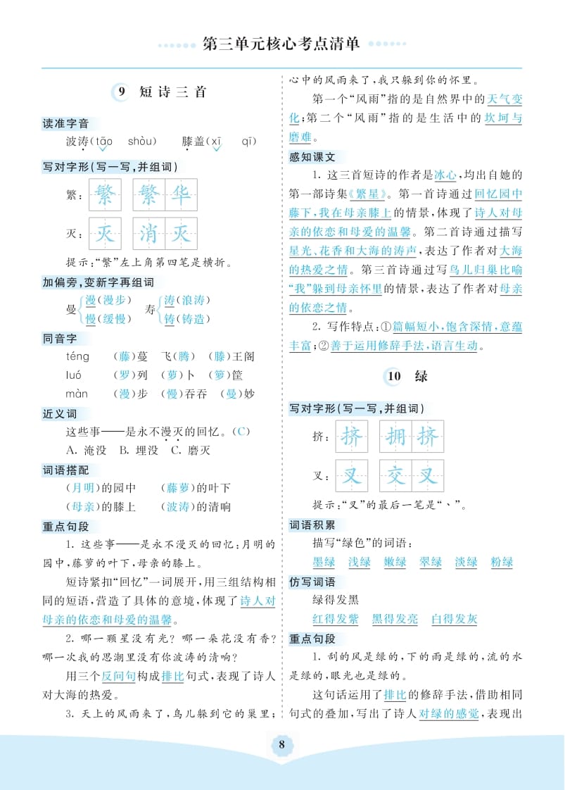 四年级语文下册第三单元核心考点清单-云锋学科网