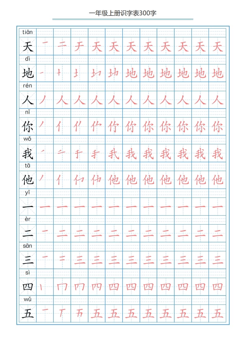 一年级语文上册识字表字帖（300字29页）PDF（部编版）-云锋学科网