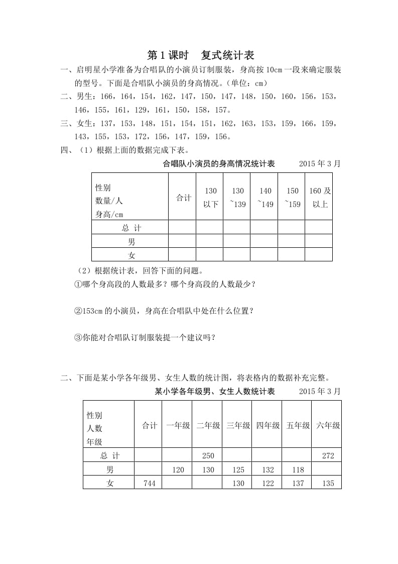 五年级数学上册第1课时复式统计表（苏教版）-云锋学科网