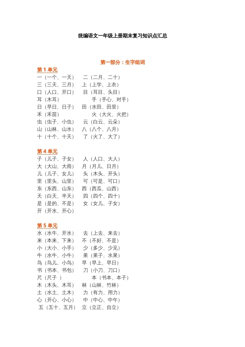 一年级语文上册部编本：统编期末复习知识点汇总（部编版）-云锋学科网