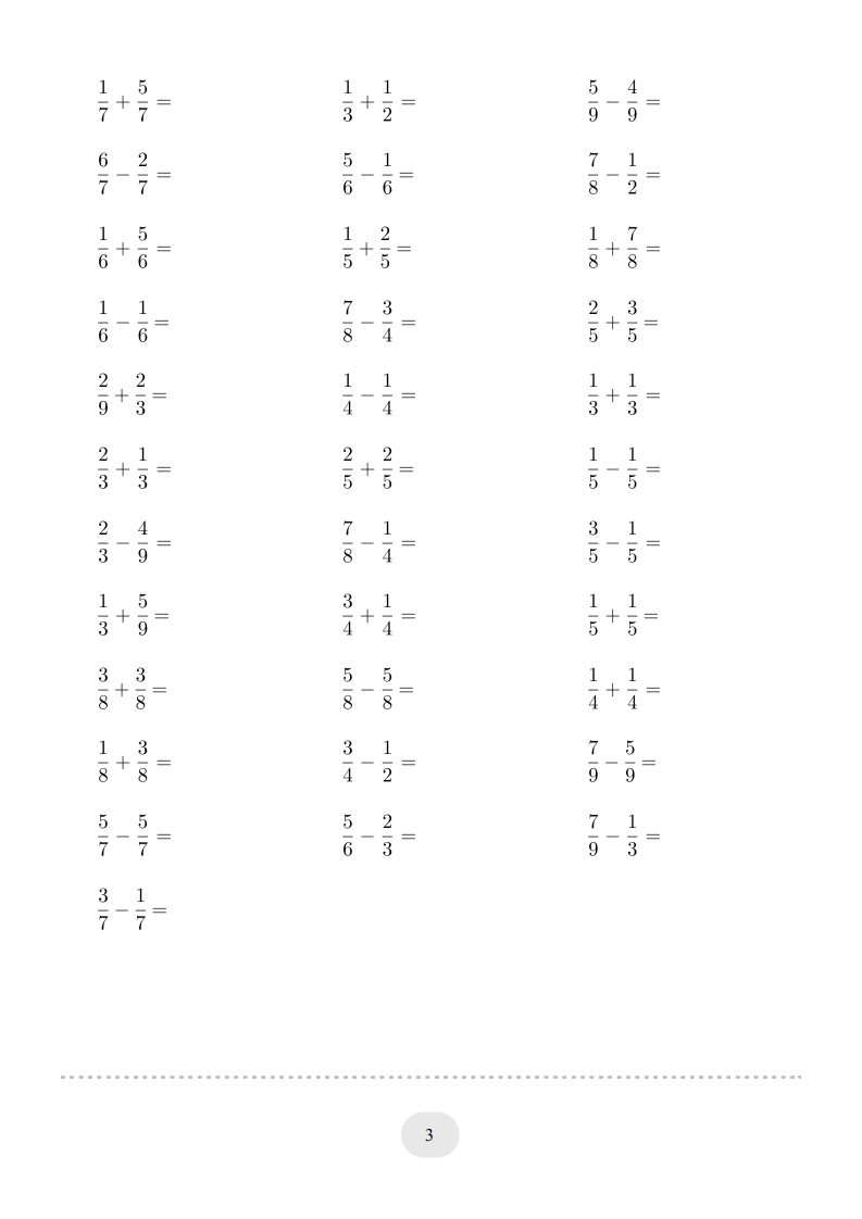 图片[3]-三年级数学上册口算题(分数的简单计算)1000题（人教版）-云锋学科网