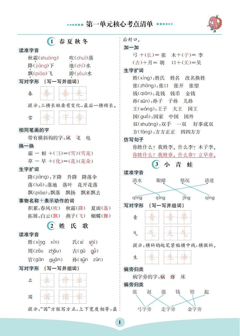 一年级语文下册第一单元核心考点清单-云锋学科网