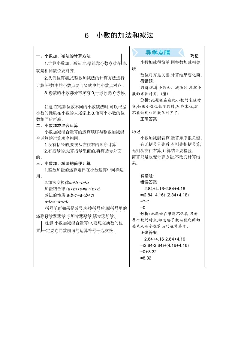 四年级数学下册6.小数的加法和减法-云锋学科网