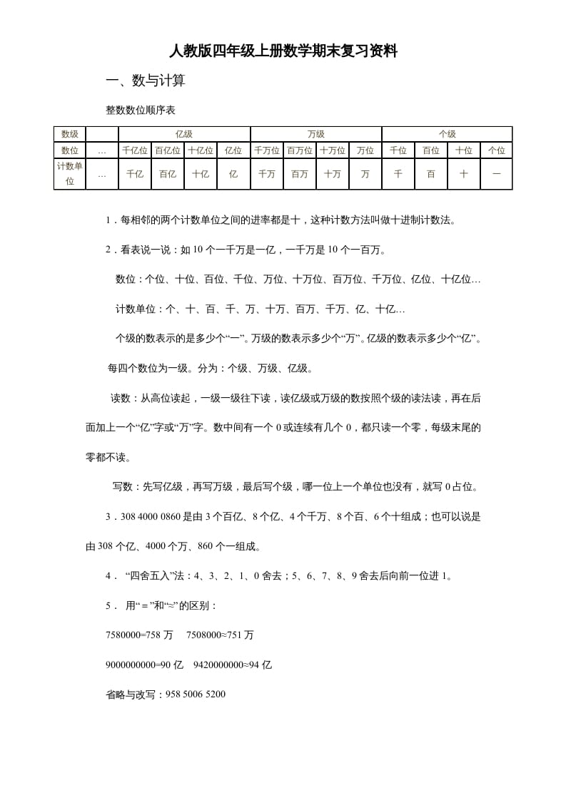 四年级数学上册人教版期末复习资料7页（人教版）-云锋学科网