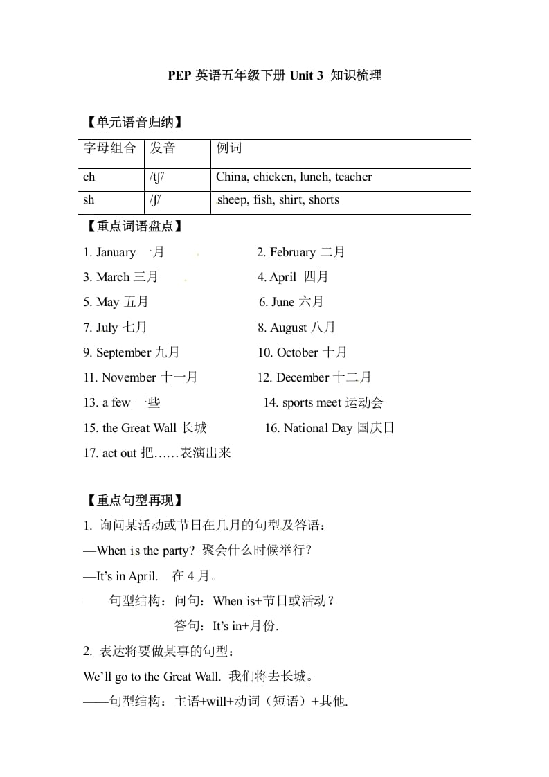 五年级数学下册英语单元知识梳理-Unit3Myschoolcalendar人教PEP-云锋学科网