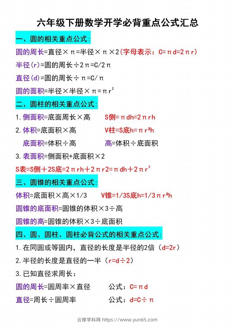 六年级下册数学必背重点公式汇总-云锋学科网