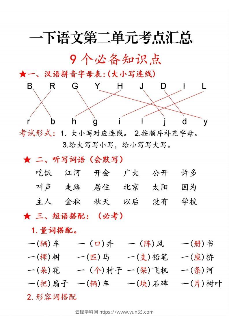 一下语文第二单元10个必备知识点-云锋学科网