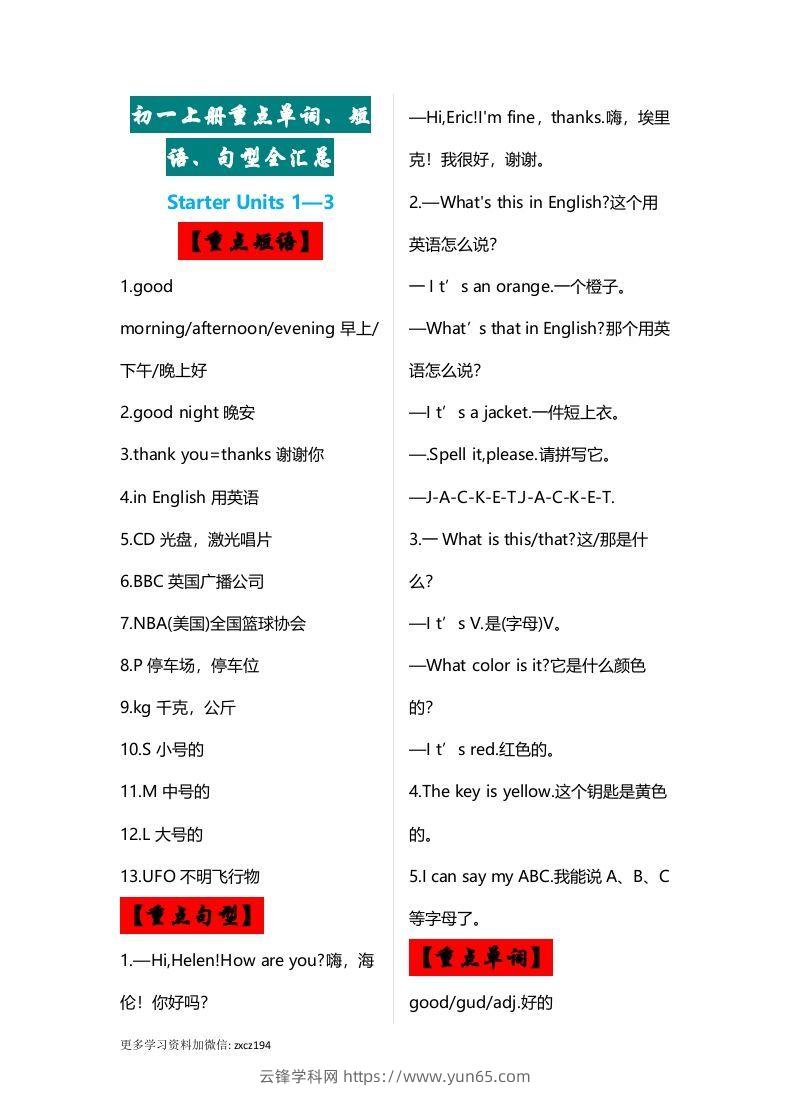 七年级上册：英语重点单词、短语、句型全汇总-云锋学科网