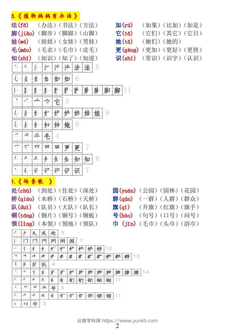 图片[2]-二上语文《生字拼音、笔顺、组词》-云锋学科网