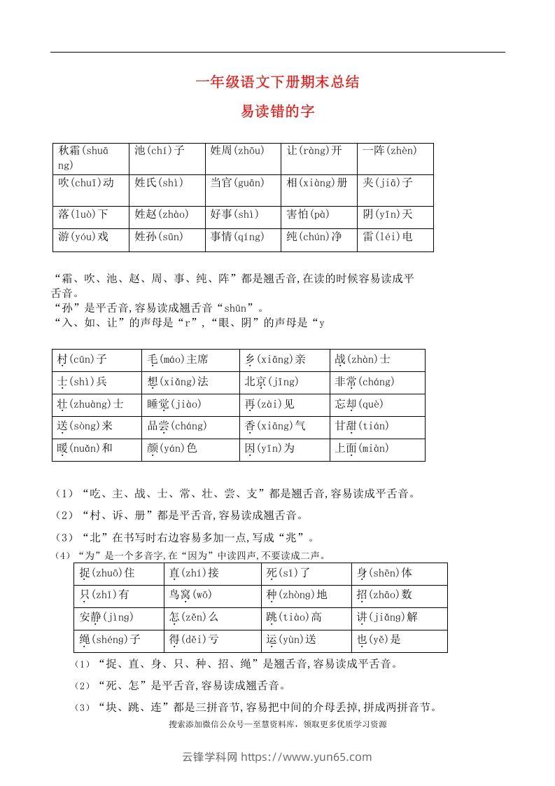 一年级语文下册期末总结—易读（写）错的字-云锋学科网