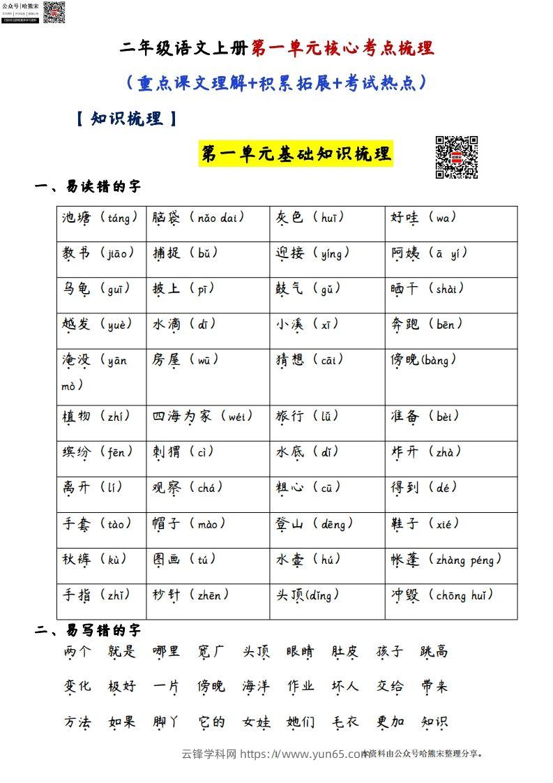 二年级语文上册第一单元核心考点梳理（重点课文理解积累拓展考试热点）-云锋学科网