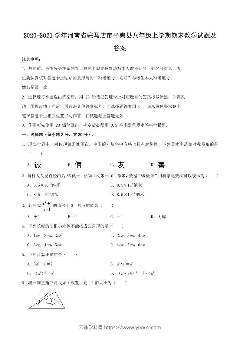 2020-2021学年河南省驻马店市平舆县八年级上学期期末数学试题及答案(Word版)-云锋学科网