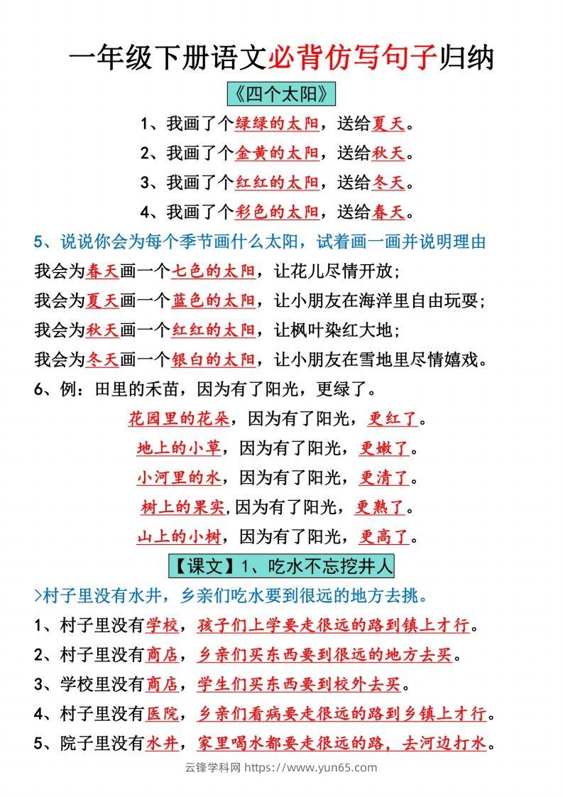 一年级下册语文全册仿写句子汇总_纯图版-云锋学科网