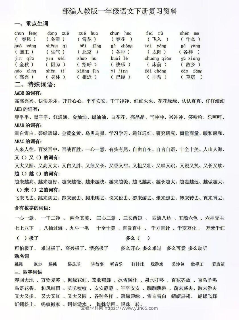 人教版一年级语文下册复习资料-云锋学科网