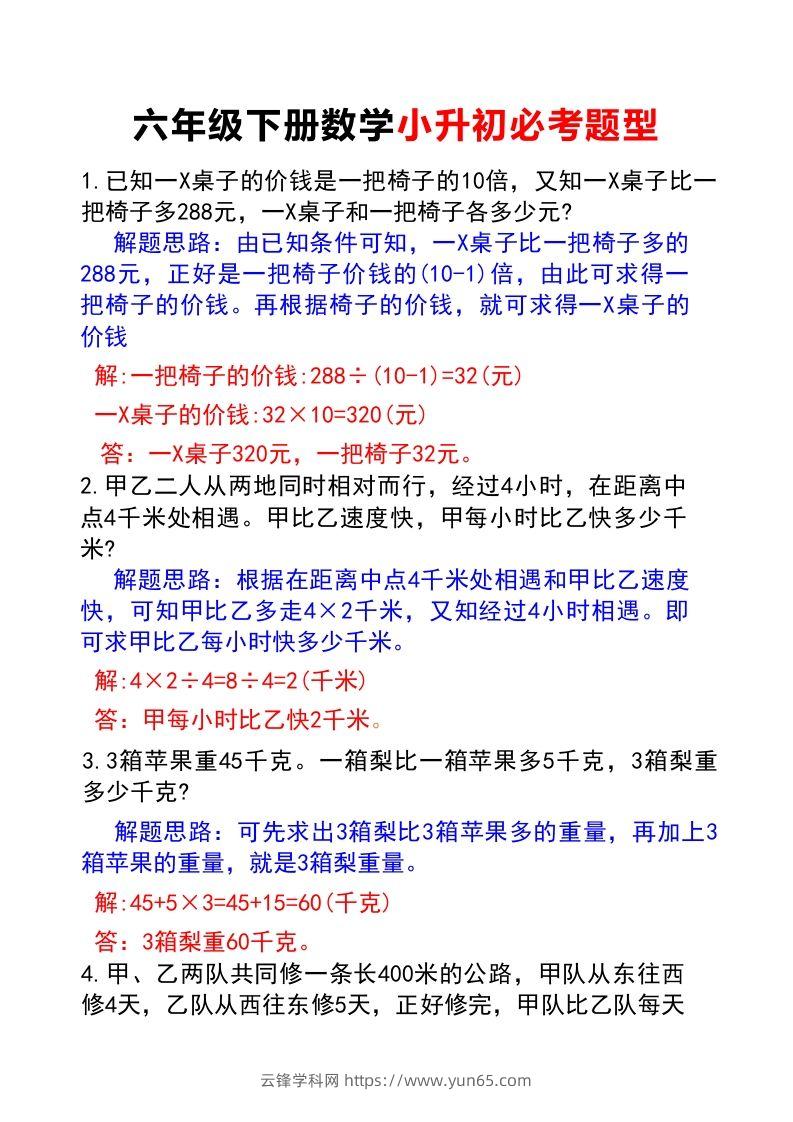 六年级下册数学小升初必考题型(答案)-云锋学科网