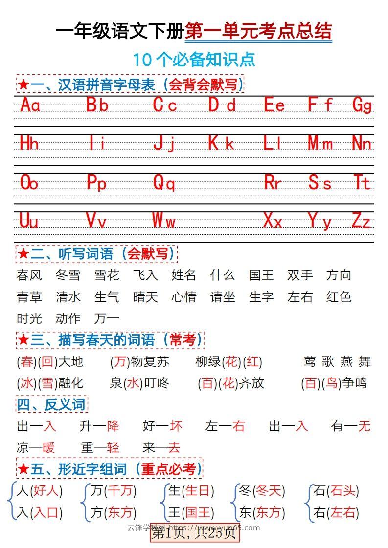 ★3.7一年级语文下册1-4单元考点总结-云锋学科网