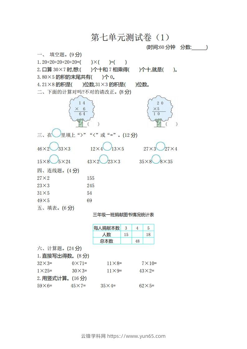 二（下）青岛版数学第七单元检测卷.1（54制）-云锋学科网