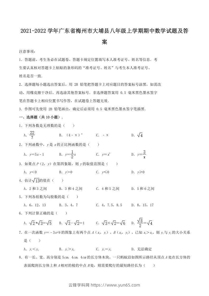 2021-2022学年广东省梅州市大埔县八年级上学期期中数学试题及答案(Word版)-云锋学科网