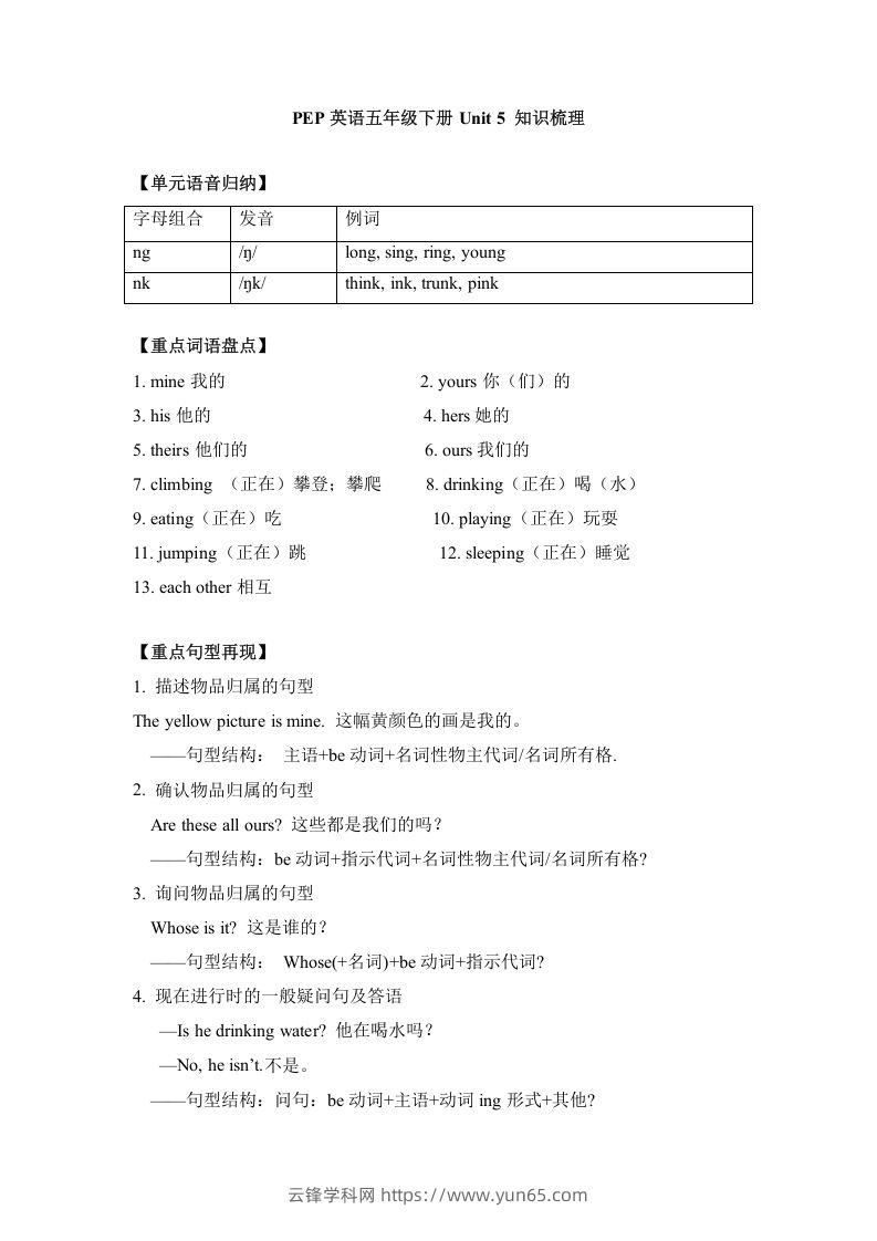 五年级英语下册单元知识梳理-Unit5Whosedogisit（人教PEP版）-云锋学科网