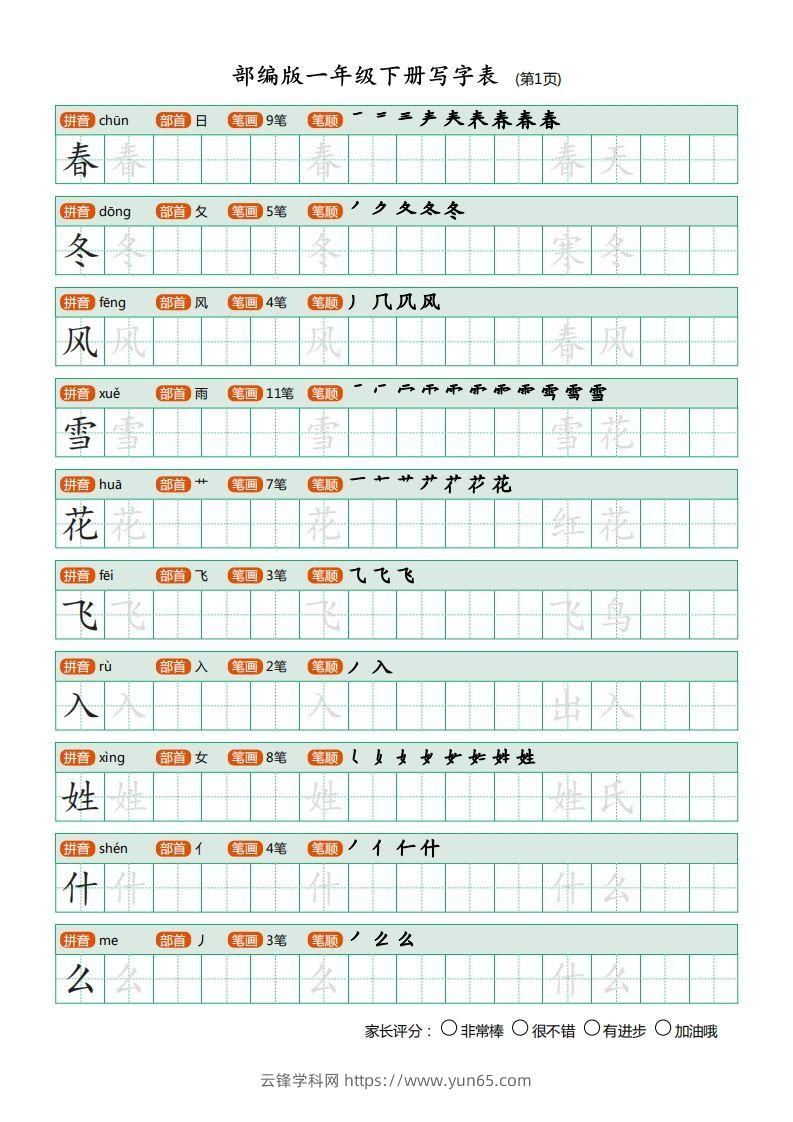 一年级语文下册写字表(笔顺)（20页）PDF（部编版）-云锋学科网