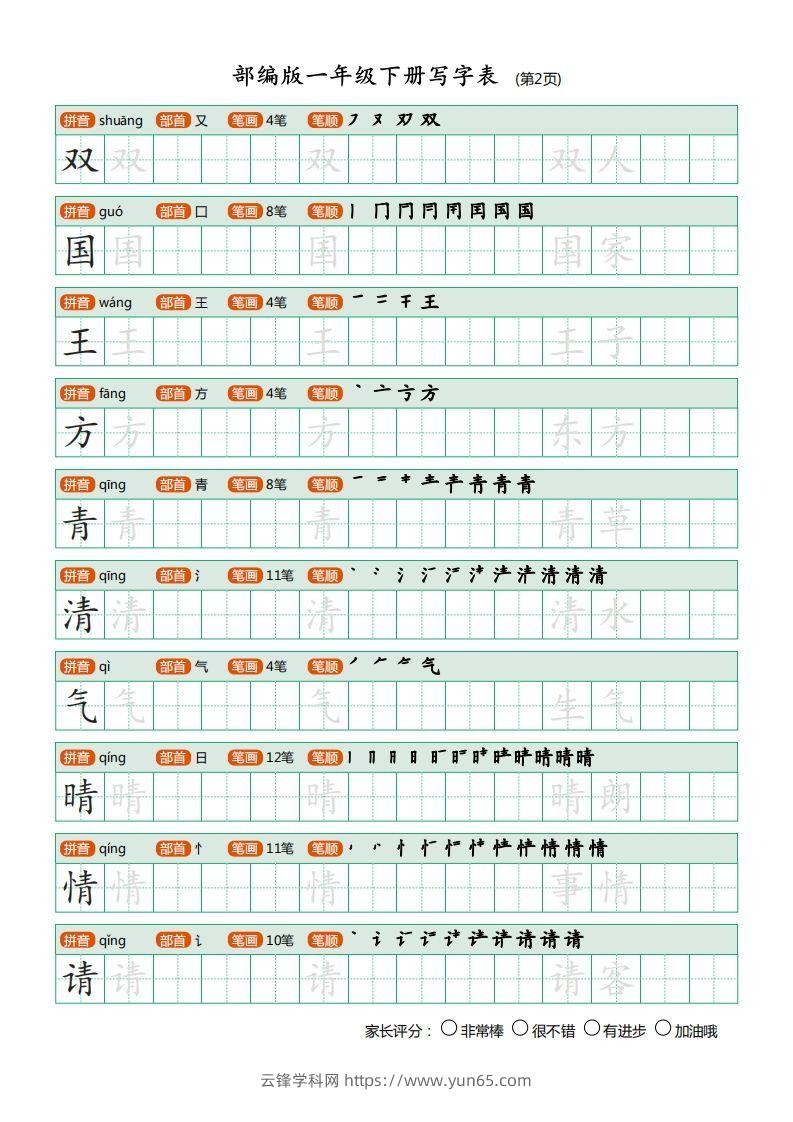 图片[2]-一年级语文下册写字表(笔顺)（20页）PDF（部编版）-云锋学科网