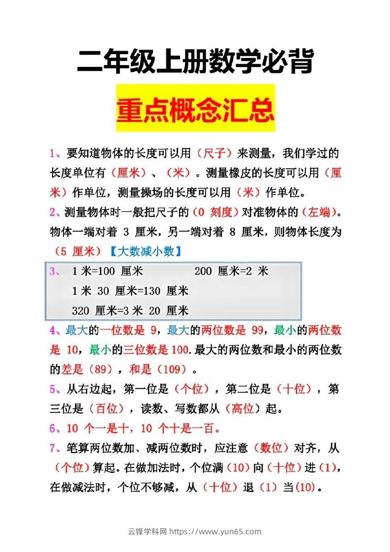 二年级数学上册重点概念汇总-云锋学科网