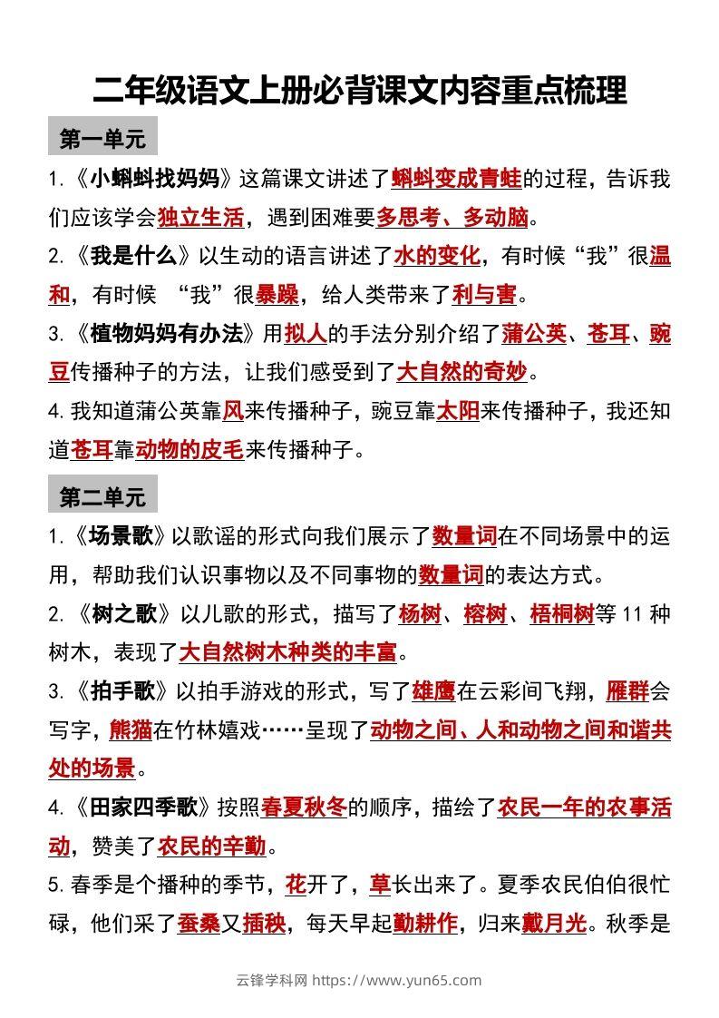 二年级语文上册必背课文内容重点梳理-云锋学科网