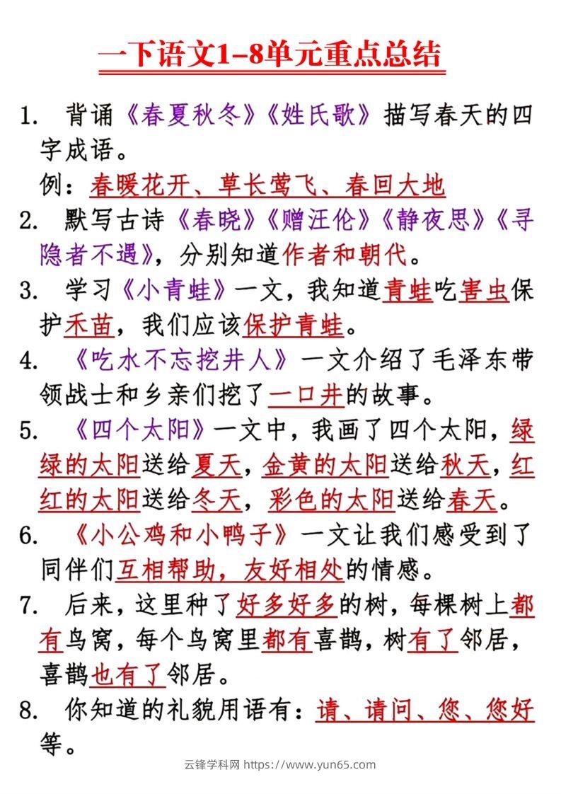 【1-8单元重点总结】一下语文-云锋学科网