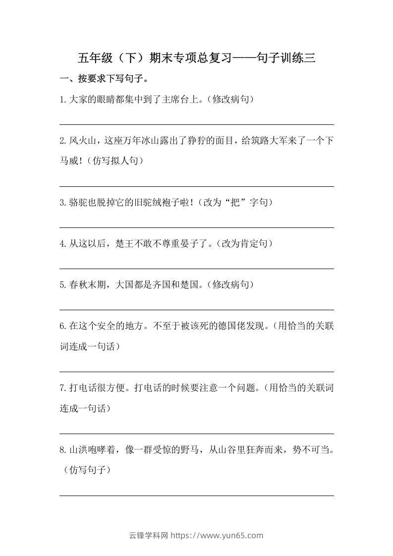 五年级语文下册期末句子训练专项训练（三）（含答案）（部编版）-云锋学科网