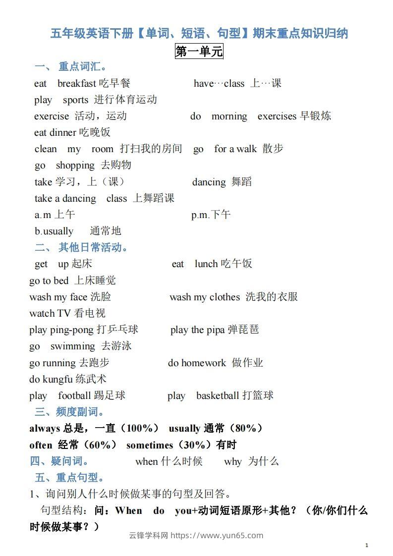 五年级英语下册素材-单词、短语、句型期末重点知识归纳（人教PEP版）-云锋学科网