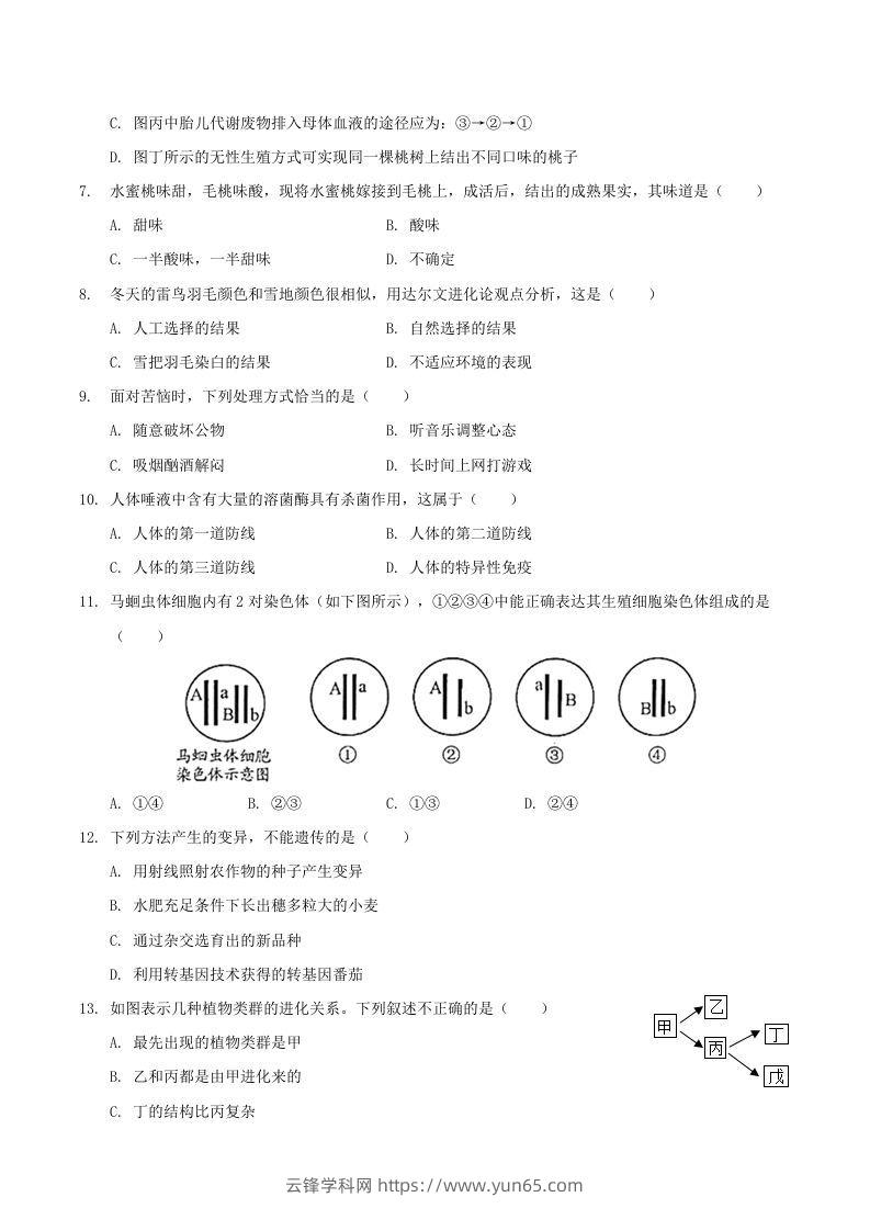 图片[2]-2020-2021学年山西省临汾市襄汾县八年级下学期期末生物试题及答案(Word版)-云锋学科网