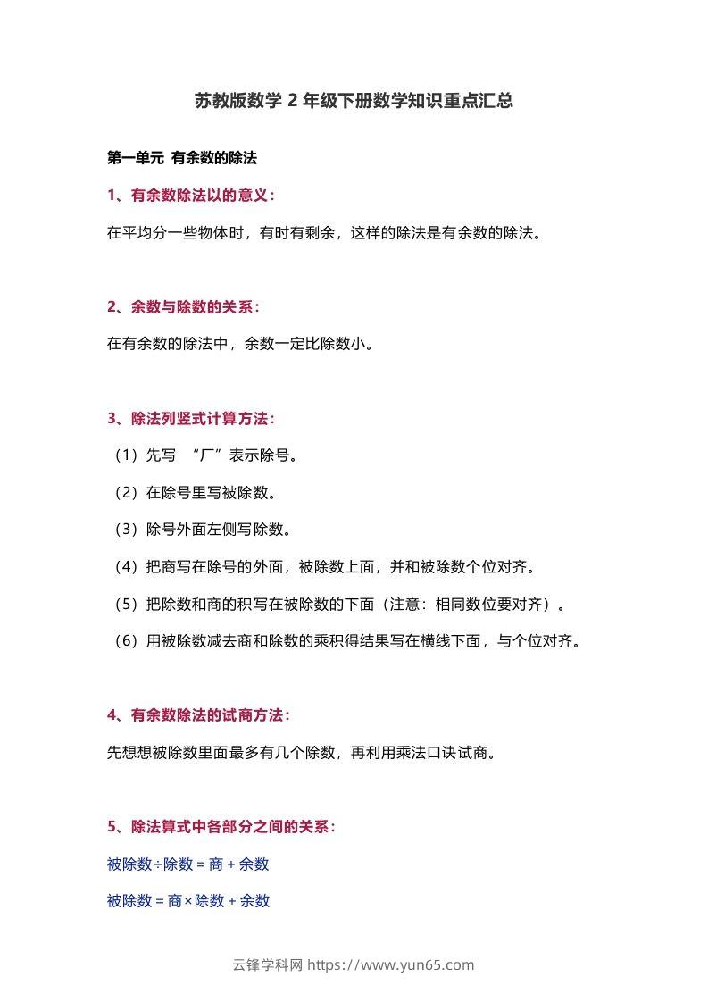 苏教版数学2年级下册数学知识点-云锋学科网