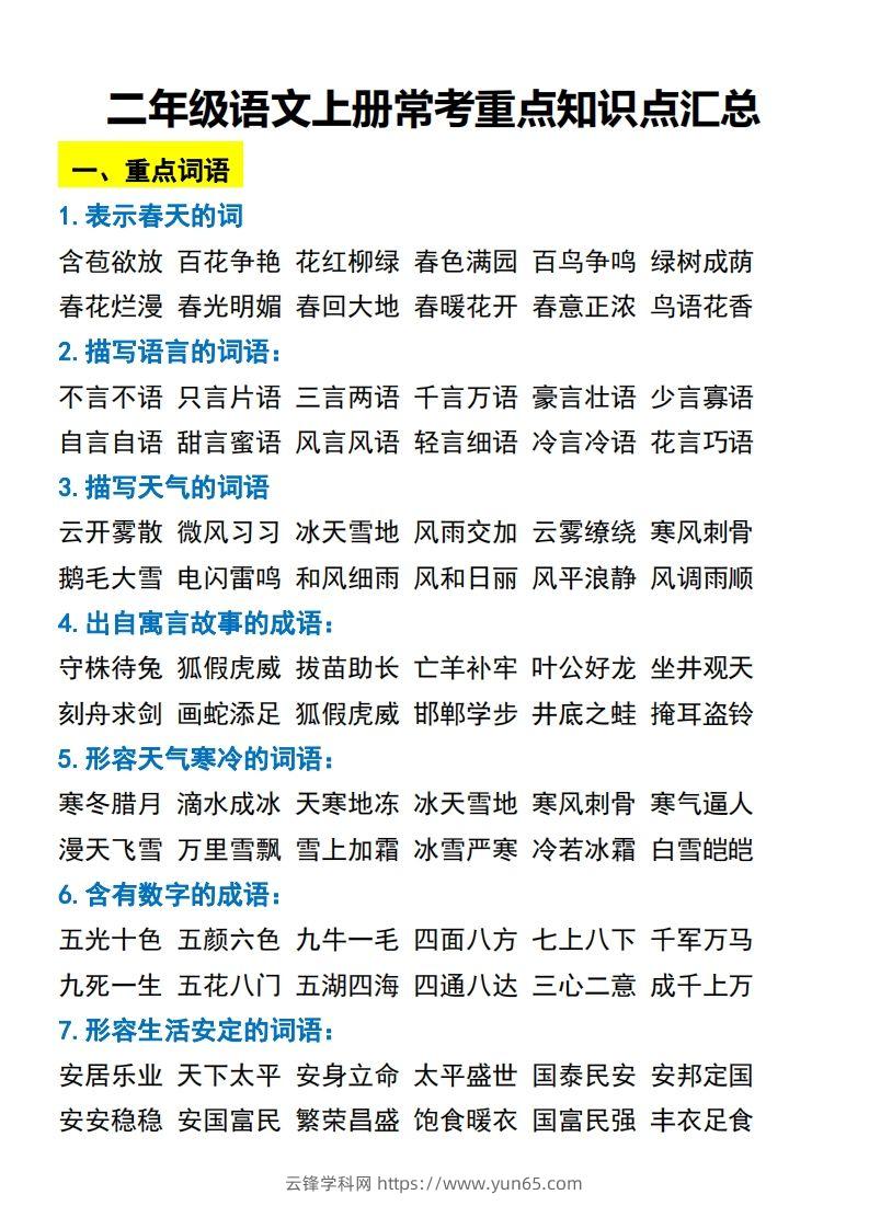 二年级语文上册常考重点知识点汇总必背-云锋学科网