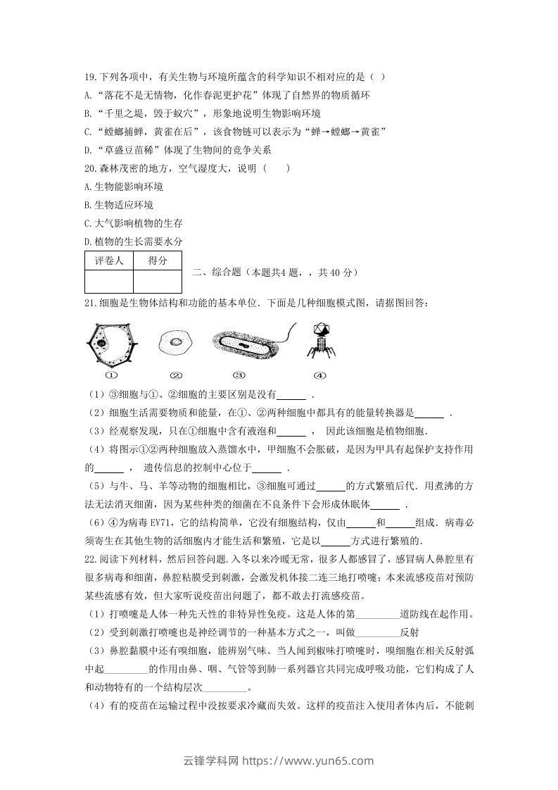 图片[3]-七年级上册生物第一次月考试卷及答案(Word版)-云锋学科网