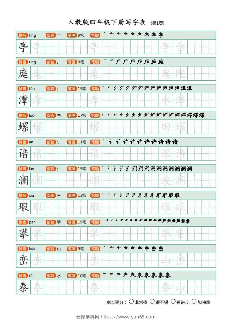 四年级语文下册写字表（20页）PDF（部编版）-云锋学科网